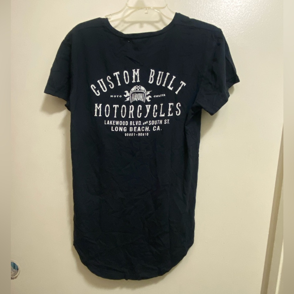 Motorale Engine Works Long Beach CA womens Black Graphic Tee T Shirt L 40”